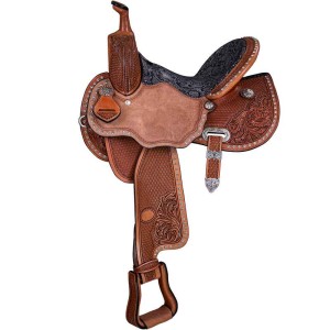 A barrel racing western saddle featuring hand tooled leather and roughout seat with customizable seat size and color, and personalized silver conchos